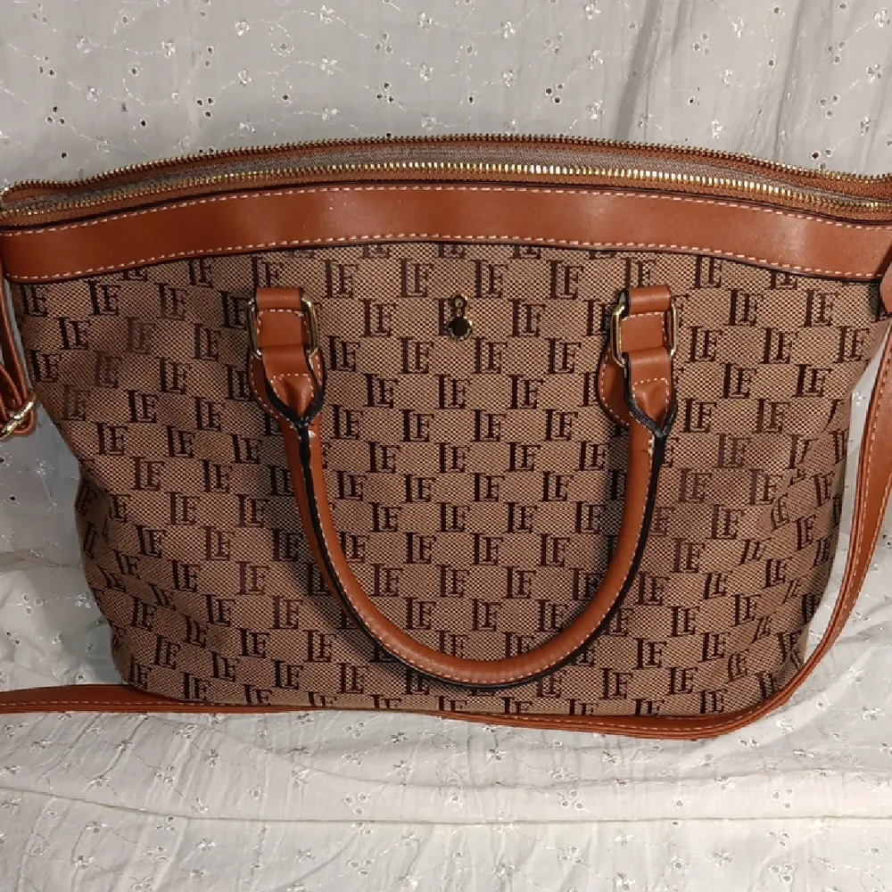 Brown Patterned Tote Bag with Tan Trim